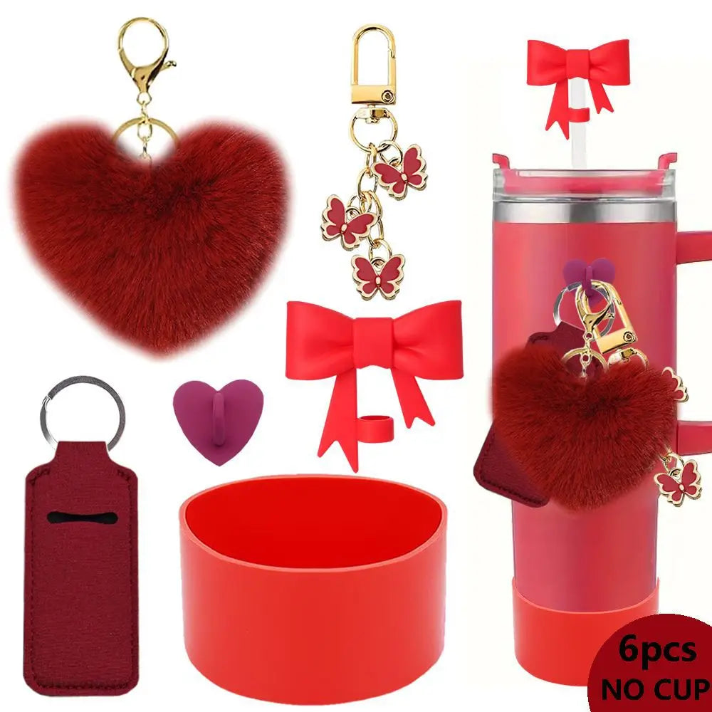 SipCharm™ Fluffy Heart Bling Keychain & Straw Cap Charm Set – 6pcs 💖✨