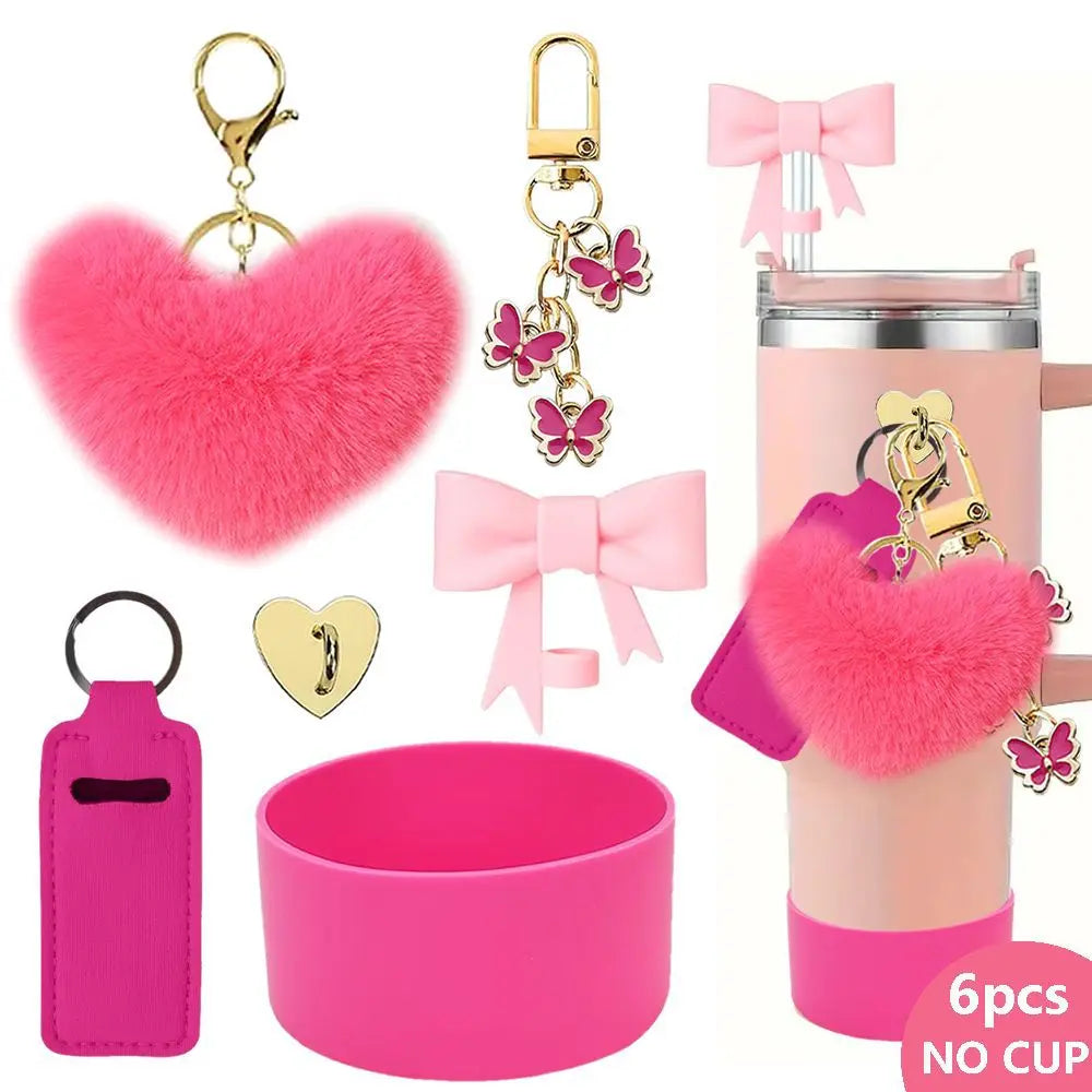 SipCharm™ Fluffy Heart Bling Keychain & Straw Cap Charm Set – 6pcs 💖✨