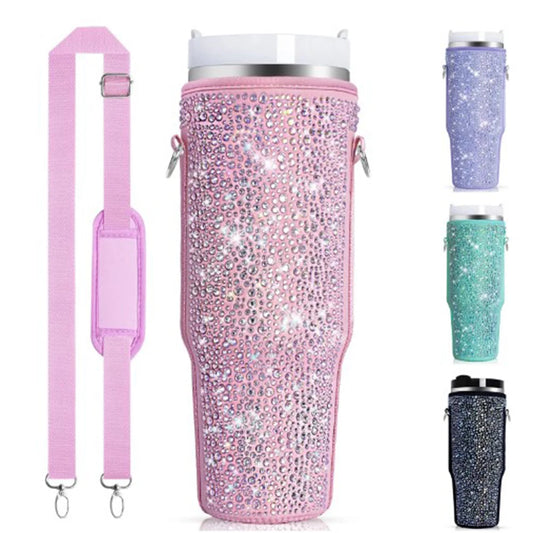 SipCharm™ Shiny Diamond Tumbler Sleeve for 40oz – Rhinestone Drinkware Carrier with Adjustable Strap