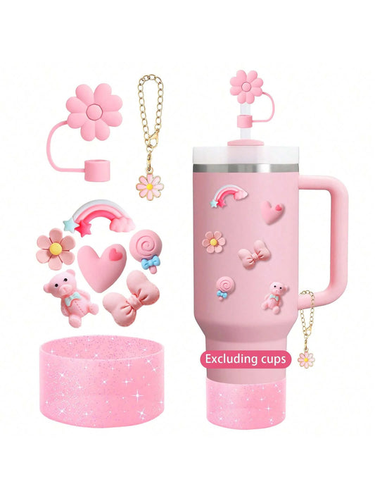 SipCharm™ Cute Charms Accessories Set – 3D Stickers, Straw Cover Cap, Handle Pendant & Silicone Boot for Tumblers