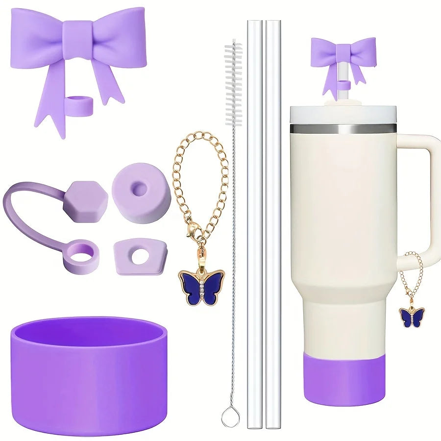 SipCharm™ 9-Piece Essential Accessory Set for Stanley 40oz Tumbler Cups | Spill-Proof, Silicone Boot, Charm Chain & Straws