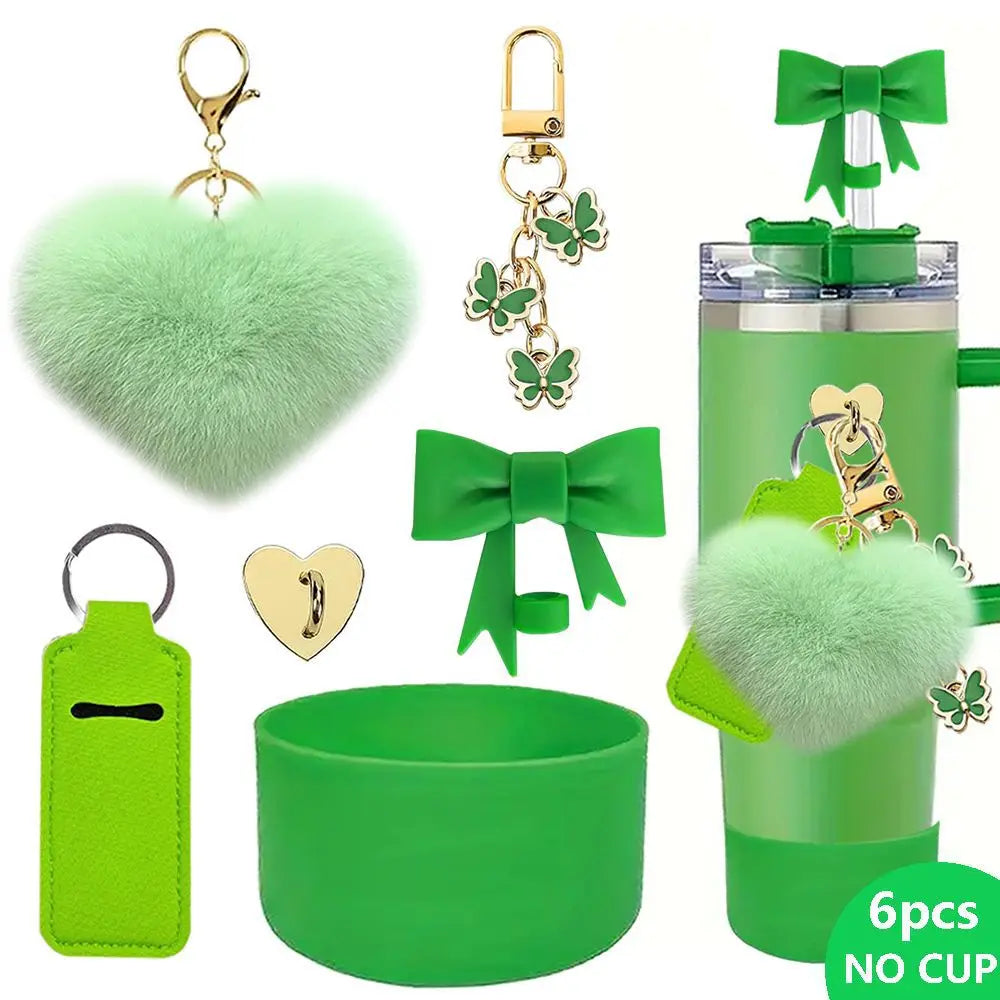 SipCharm™ Fluffy Heart Bling Keychain & Straw Cap Charm Set – 6pcs 💖✨