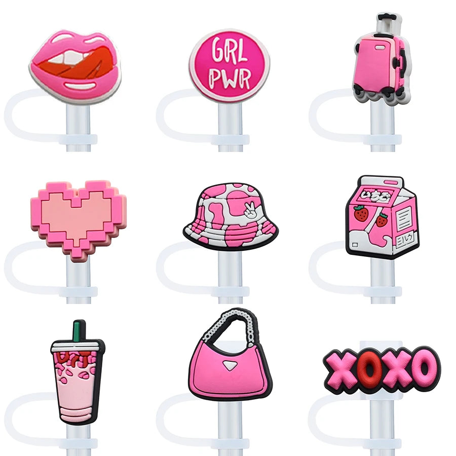 SipCharm™ IT Girl Pink 9PCS Straw Cover Cap Set – Chic & Stylish Drink Accessories