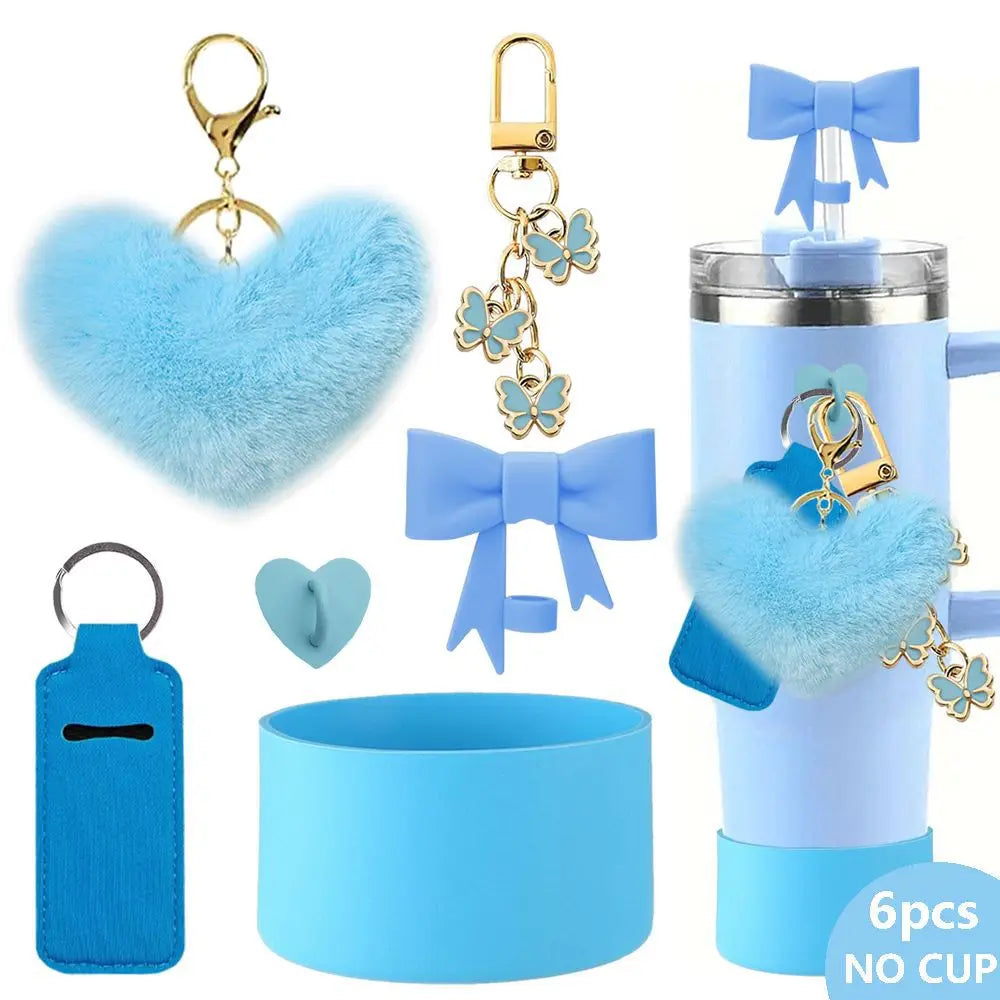 SipCharm™ Fluffy Heart Bling Keychain & Straw Cap Charm Set – 6pcs 💖✨