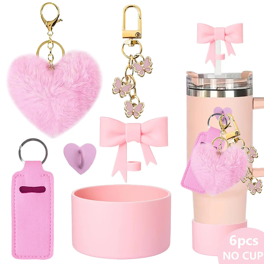 SipCharm™ Fluffy Heart Bling Keychain & Straw Cap Charm Set – 6pcs 💖✨