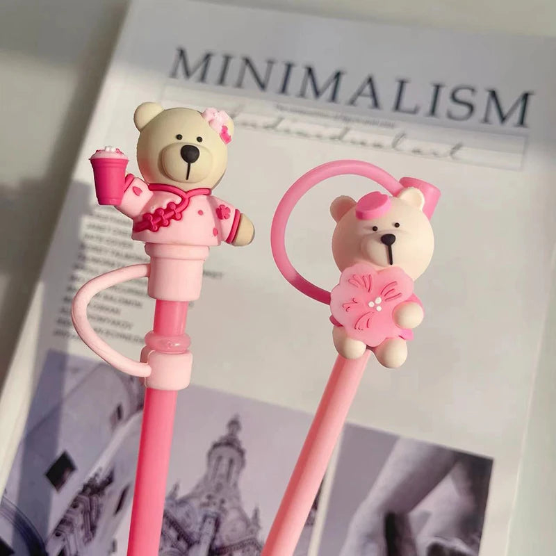 SipCharm™ Cute Bear & Cherry Straw Cover – Adorable & Protective Silicone Straw Cap