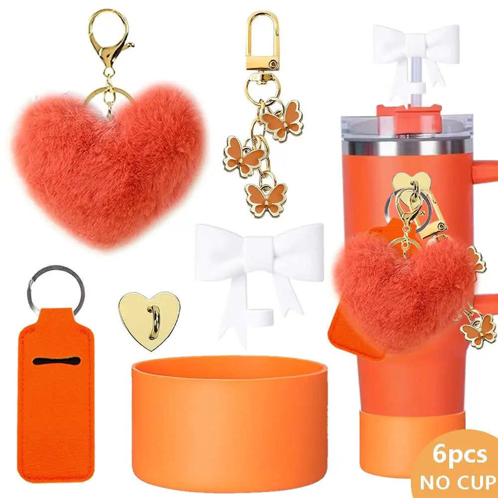 SipCharm™ Fluffy Heart Bling Keychain & Straw Cap Charm Set – 6pcs 💖✨